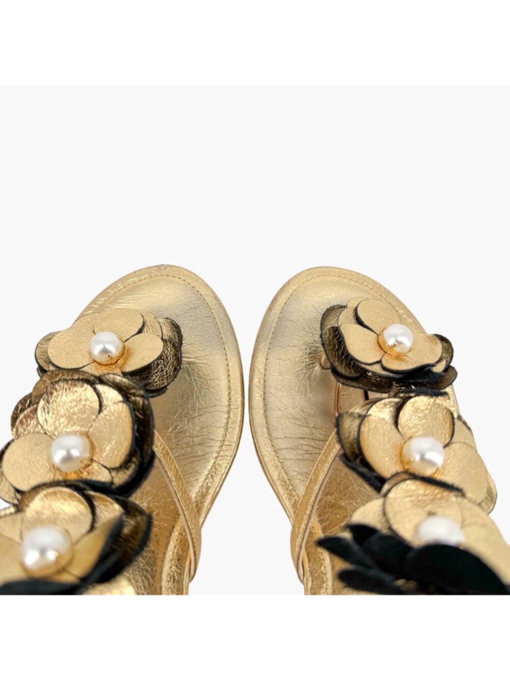 Chanel Camellia Pearl T-Strap Sandals Gold Leather Size 37C US 6–6.5 Women Flat - Picture 6 of 15